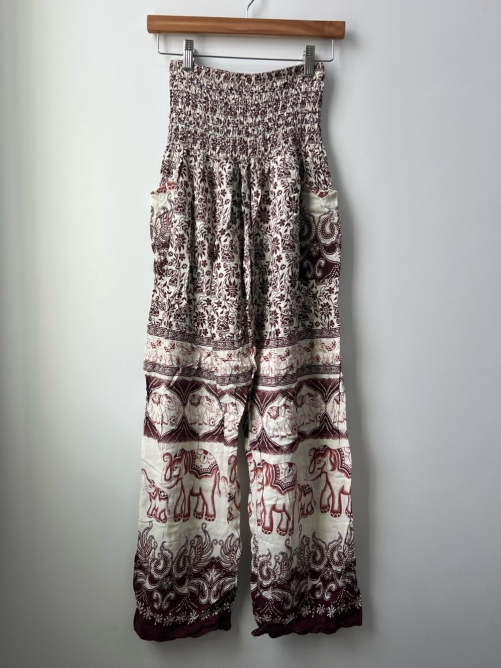 Smocked High-Waist Elephant Print Wide-Leg Pants - Cream & Burgundy